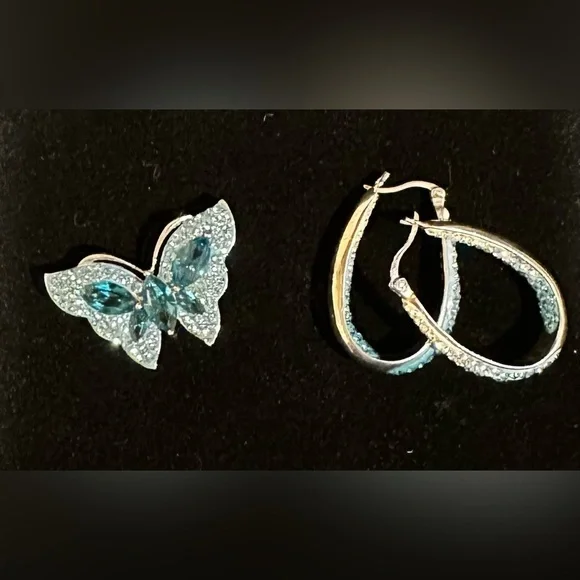 925 Sterling Silver Blue Butterfly Necklace & Earrings Set Enamel Rhinestones - Picture 4 of 6